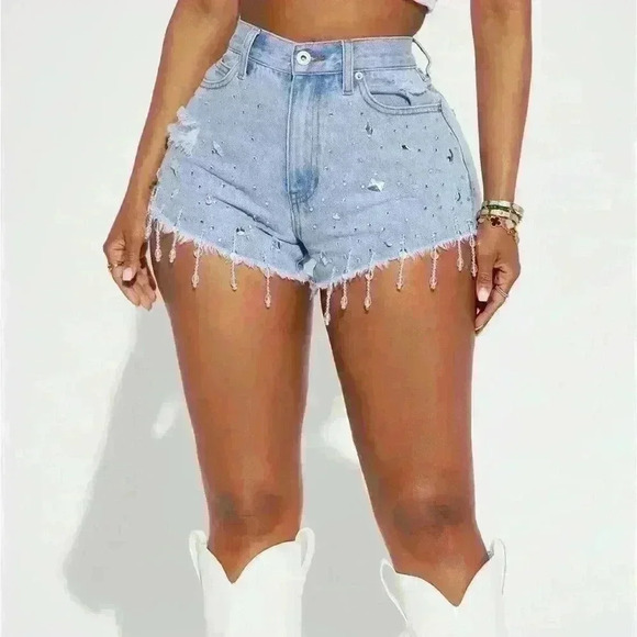 NWT Embellished Bling Denim Shorts with Crystals Jean Shorts Sz 0 - Picture 2 of 9